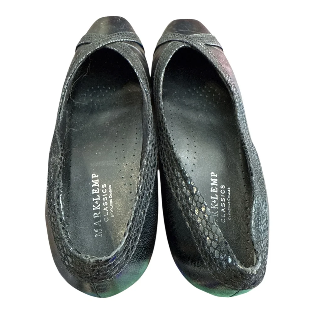 Mark Lemp Leather Flats, Square Toe, Size 8.5 Narrow, Black with Snake Pat